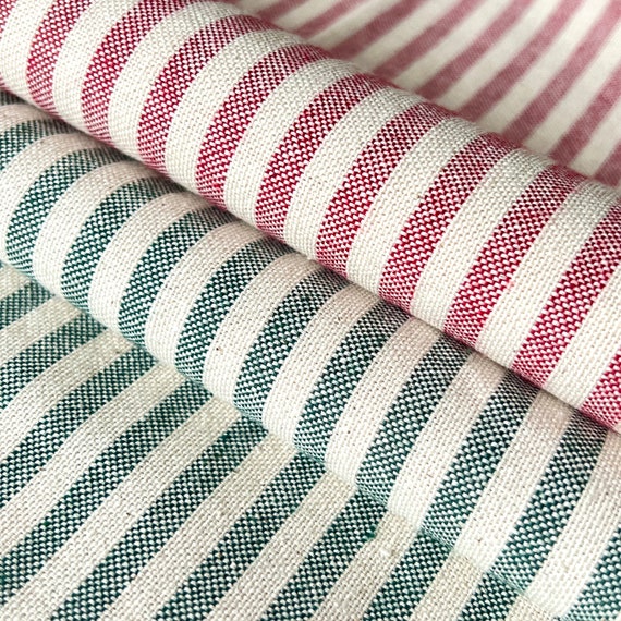 GREEN/ RED STRIPE cotton Linen Look fabric, Double width 280 cm/ 110 inch