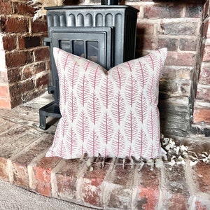 1558. ORNA Soft Red Block print  Linen Look 100% Cotton Cushion Cover
