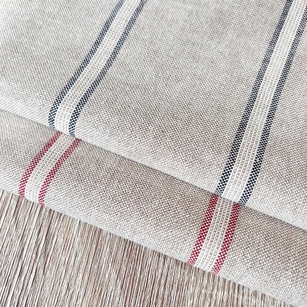 CHILE STRIPE Red/Blue 100% cotton fabric, Linen Look,  Double width 280 cm/ 110 inch, price per 1/2 metre