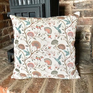 898. Handmade Hummingbird with Flowers- linen look  100% Cotton Cushion Cover, Various sizes