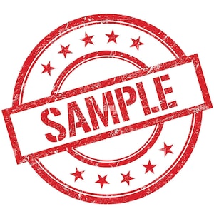 May include: Red distressed rubber stamp with the word "SAMPLE" in white lettering and five white stars around the outer edge.