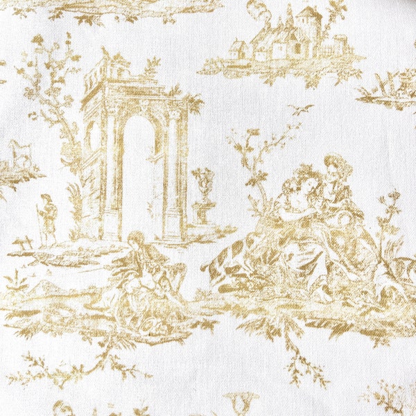 1415. Gold Toile De Jouy 100% Cotton Fabric, price per 1/2 metre, 136 cm wide