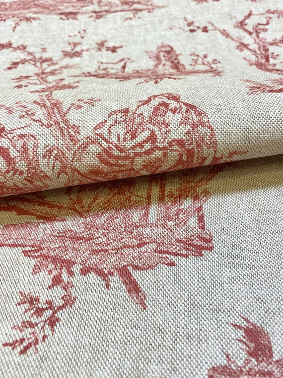 Tissu D'ameublement Toile De Jouy Rouge - 100% Coton, Largeur 280 Cm - Vente Au Mètre - Neuf, Motif Personnages
