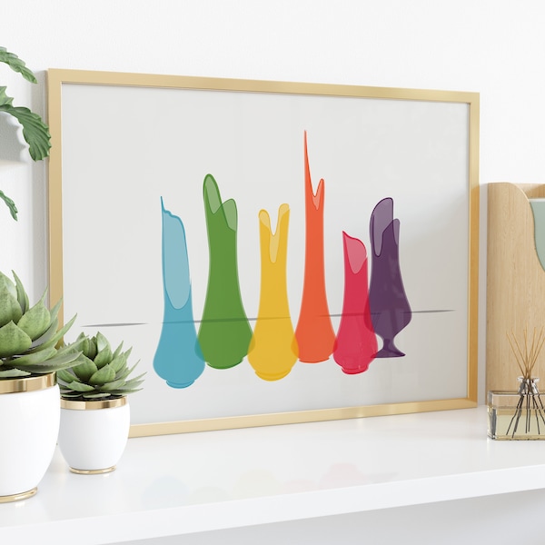 LE Smith Swung Glass "Smoothie" Vases Digital Art Gallery Wall Downloadable Prints - Rainbow Colors on Neutral MCM Mid Mod Many Sizes