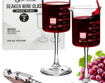 Laboratory Beaker Wine Glass Gift Set - 2 Pack – 200 ml – Includes Wine Opener and Stopper…