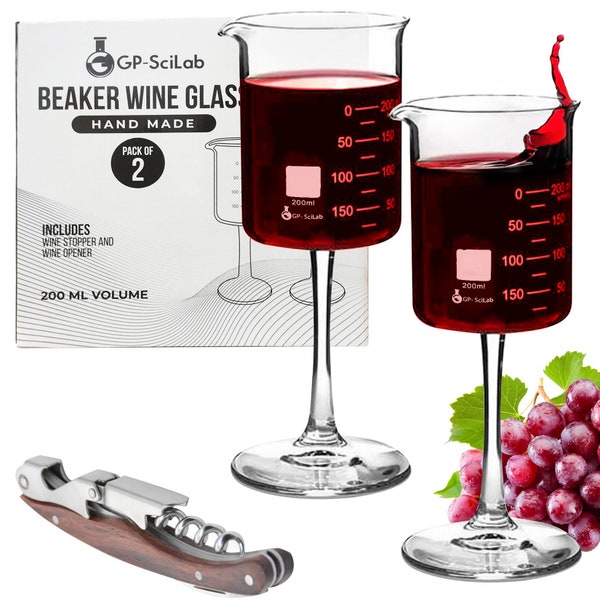 Laboratory Beaker Wine Glass Gift Set - 2 Pack – 200 ml – Includes Wine Opener and Stopper…