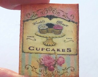 Dollhouse Miniature CUPCAKE Sign Bakery vintage picture baker pastries pink roses