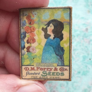 May include: Vintage seed packet featuring a girl in a blue dress looking at a stalk of hollyhocks. The packet is labeled "D.M. Ferry & Co. Standard Seeds For Sale Here."