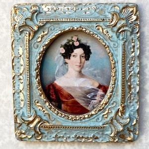 Miniature Dollhouse framed antique lady in white and blue CHIFFON powder BLUE  frame 1:12 GOLD