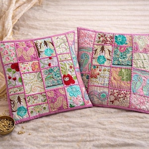 Cushion pillow cover decorative patchwork cotton multi pink Bohemian Halloween gifts holiday home decor Indian repurpose fabric patch 16 in