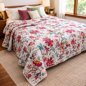 Kantha Quilt 100 Percent Cotton Quilt Ethnic Bright Boho Quilt Rainbow Floral Print Bright Color Quilt Handmade Kantha Bed Cover Throws image 7