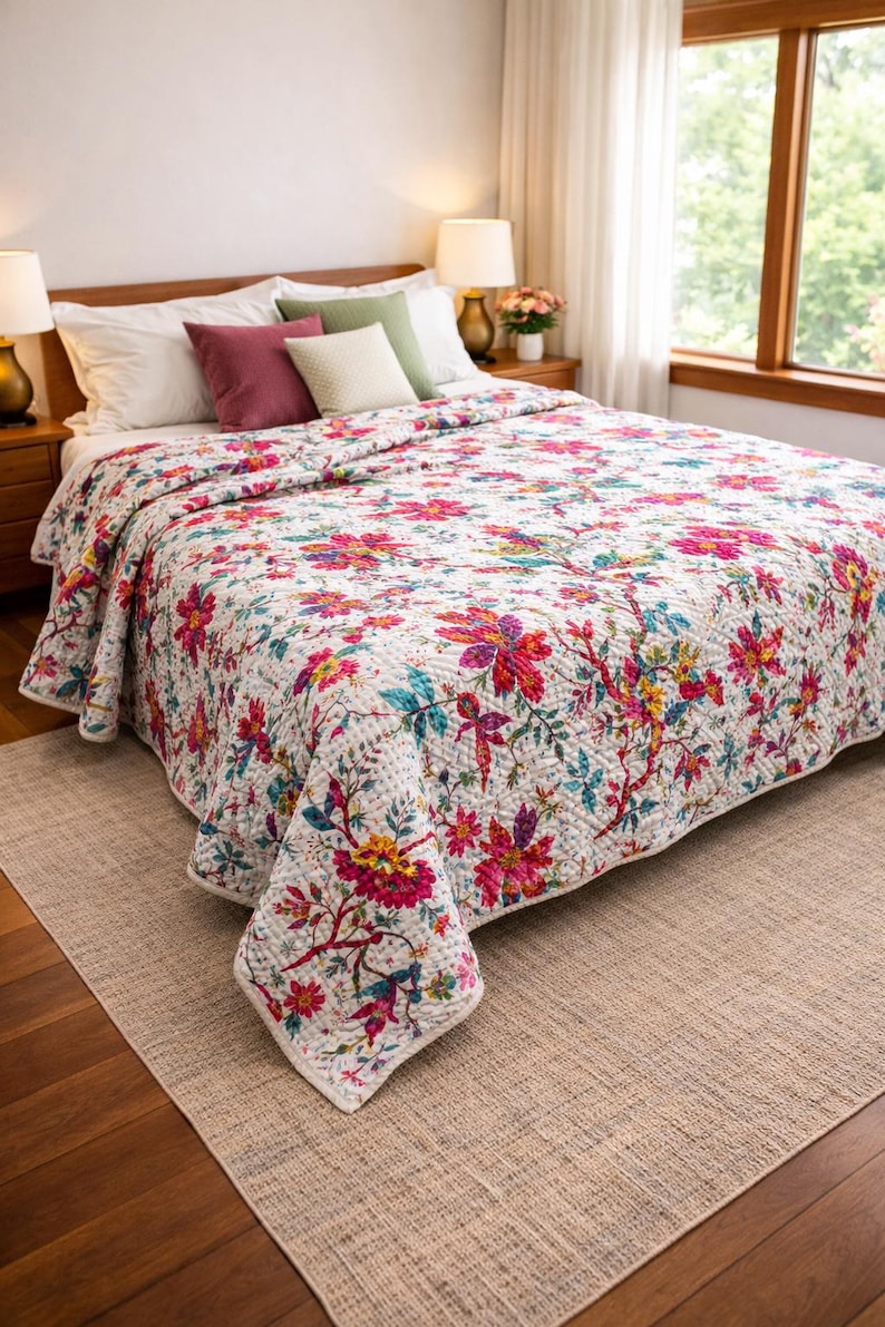 Kantha Quilt 100 Percent Cotton Quilt Ethnic Bright Boho Quilt Rainbow Floral Print Bright Color Quilt Handmade Kantha Bed Cover Throws image 7