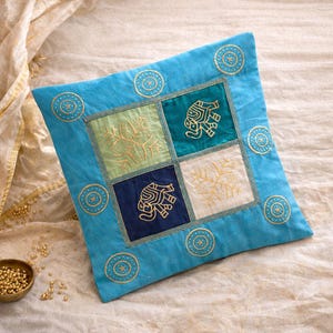 Silk cushion cover set of two pillow 16 inch bright patchwork handmade multi color blue green holiday home bedroom decor house warming gifts