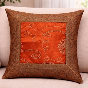 Cushion cover silk decorative pillow embroidered patchwork red rust cushion holiday unique handmade gift bohemian living room home decor