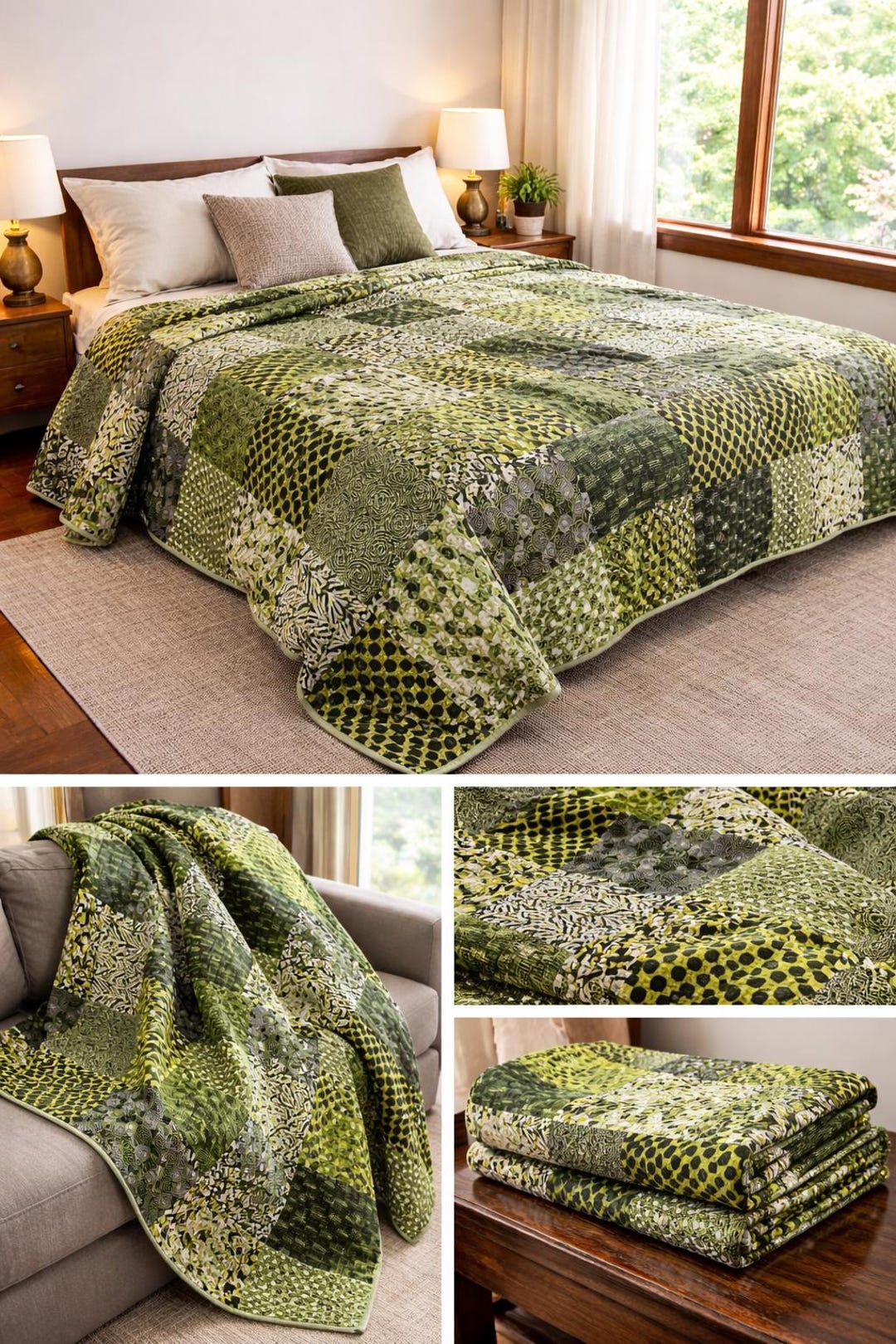 Green Quilt 100 Percent Cotton Quilt Ethnic Bright Boho Quilt Patchwork ...