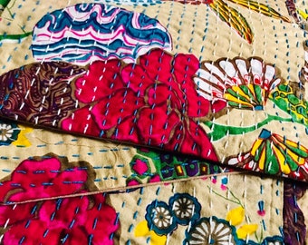 Funda de cojín con diseño floral Kantha, cojín decorativo, cojín retro, decoración del hogar boho, funda de almohada de retazos reutilizada de estilo indio vintage