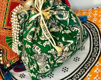 Tribal Print Purse Potli Purse Ethnic Handmade Purse Fabric Purse with Pearl Strings Evening Purse Artisan Handmade Purse Gift for her/Women