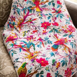 Kantha Quilt 100 Percent Cotton Quilt Ethnic Bright Boho Quilt Rainbow Floral Print Bright Color Quilt Handmade Kantha Bed Cover Throws image 4