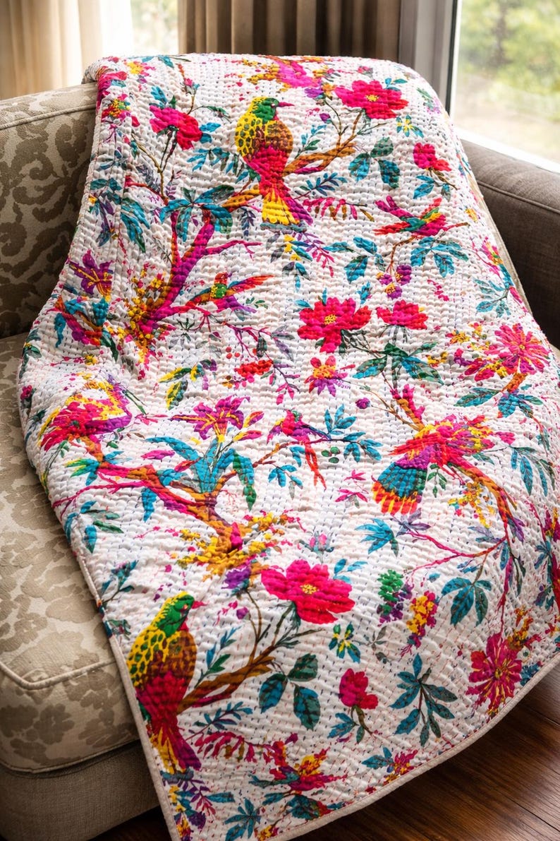 Kantha Quilt 100 Percent Cotton Quilt Ethnic Bright Boho Quilt Rainbow Floral Print Bright Color Quilt Handmade Kantha Bed Cover Throws image 4