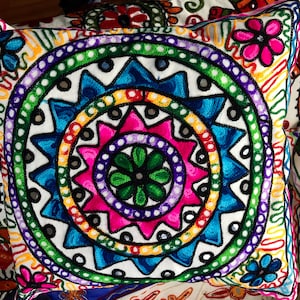 Pillow Cover Decorative Cushion Cover 100% Cotton Bohemian Spring Home Bright Indian Cushion Mandala Print kutchi Embroidery Gift for Women