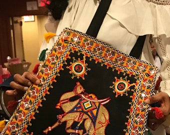 Shoulder Bag Black Shopping Bag Bright Embroidery Bag Tribal Art Boho Bag Travel Vacation Bag Bohemian Bag Fabric Bag Animal Print ethnic