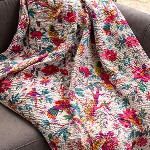 Kantha Quilt 100 Percent Cotton Quilt Ethnic Bright Boho Quilt Rainbow Floral Print Bright Color Quilt Handmade Kantha Bed Cover Throws image 1