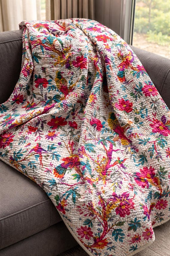 Kantha Quilt 100 Percent Cotton Quilt Ethnic Bright Boho Quilt Rainbow Floral Print Bright Color Quilt Handmade Kantha Bed Cover Throws