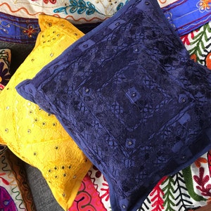 Cushion Cover Square Pillow Cover 100 % Cotton Bohemian Home Decor Flower Print Ethnic Embroidery 16 inch 40 cm Indian Cushion Cover