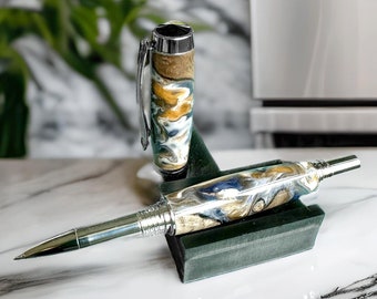 Jr George Rollerball Pen with Buckeye Burl and Resin Swirl in Gold White and Blue