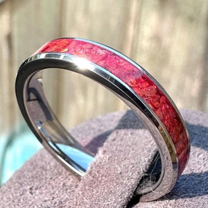 Ruby Red Bello Opal Ring, 4mm Tungsten band, More Colors Available, Birthstone ring, Dainty Ring, Womens Ring, Girls Ring