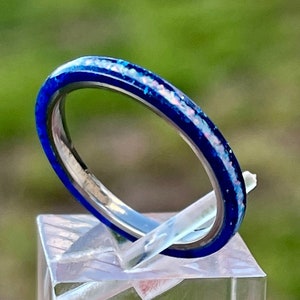 DiamondCast Stacking Rings with White Opal Inlay, Resin Ring, Diamond Dust, Wedding, thin ring, 2mm ring, birthstone ring