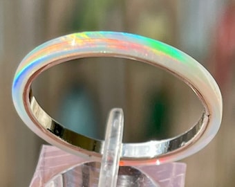 2mm Rainbow White Opal, Silver Band, Stackable Wedding Band, Kyocera Opal