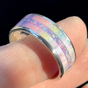 Unicorn Poop DiamondCast Ring with Opal inlay on an 8mm wide channel ring, Pastel Ring, Birthstone Ring