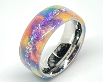 8mm Champagne Rainbow DiamondCast Ring with Opal inlay - LIMITED SUPPLY AVAILABLE