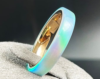 4mm Solid Blue Fire Opal on Gold Tungsten Band, Rose Gold, Stainless Steel, Titanium, Silver and Hypoallergenic Ceramic Band Options