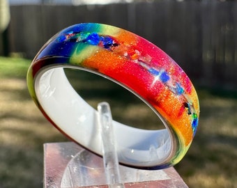 Rainbow Ring with Opal inlay, 6mm width, DiamondCast  - colorful ring - unique rings - vibrant ring - resin ring - pride - oil slick