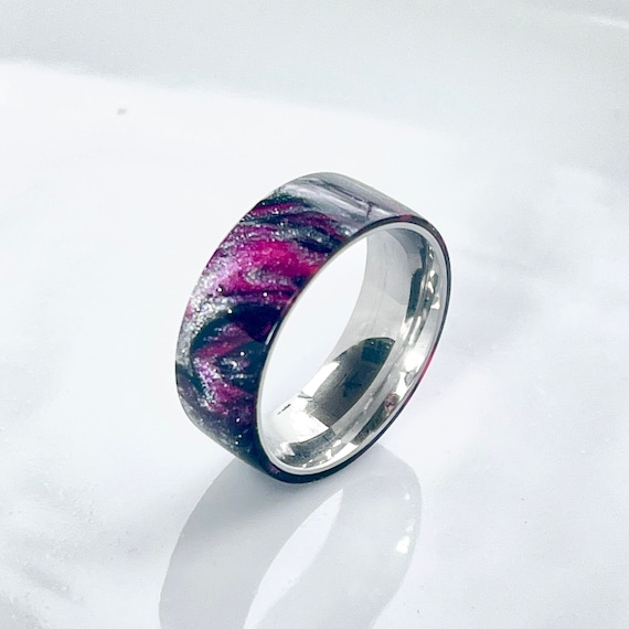 DiamondCast™ Derby Girl Ring - Pink Black Silver - Pink Ring - Resin Ring - Unique Ring - wedding ring - statement ring