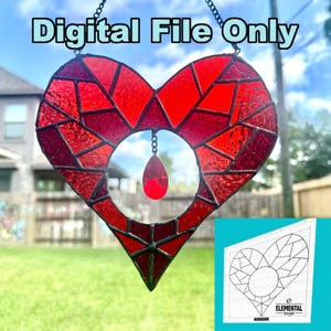 May include: A stained glass heart suncatcher in shades of red, with a teardrop-shaped crystal pendant. The heart is made of geometric glass pieces. The words "Digital File Only" are at the top. A design template is in the lower right corner.