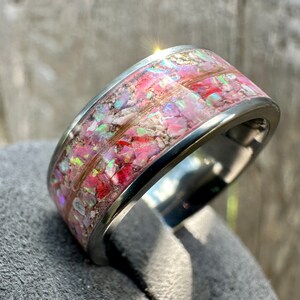 8mm Titanium Pet Cremation Memorial ring with Fur Center Accent, For Pet Remains Only
