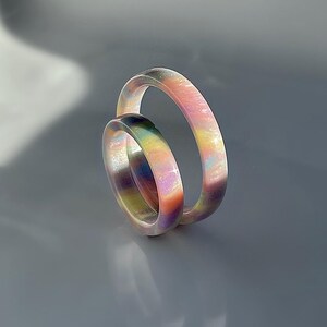 K&ouml;nnte beinhalten: Zwei schillernde Ringe, einer etwas gr&ouml;&szlig;er als der andere, sind ineinander verschlungen. Die Ringe zeigen ein Farbspektrum, darunter Rosa, Gelb, Gr&uuml;n und Lila, mit einer durchscheinenden Qualit&auml;t. Die Ringe sind vor einem grauen Hintergrund platziert.