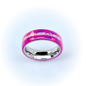 6mm Valley Girl DiamondCast Ring with White Opal inlay, Purple and Pink intermingled with Diamond Fragments