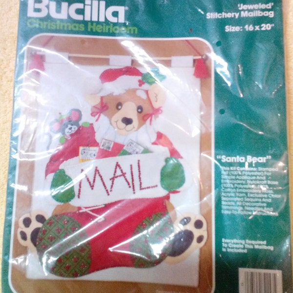 Kit- Santa Bear, 16 x 20 inches, Christmas Heirloom -Jeweled Stitchery Mailbag, Felt, by Bucilla, Vintage,