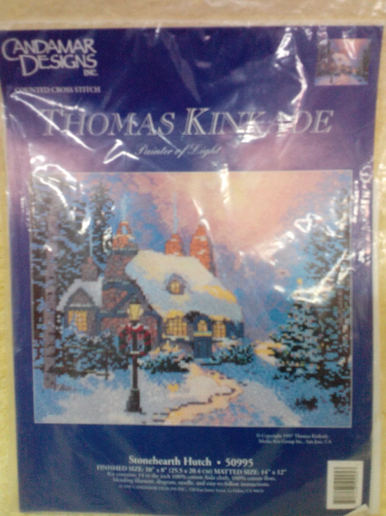 Size: Finished 10 x 8 Approx Vintage Kit-Stonehearth Hutch by Candamar Designs Cross Stitch Kit NIP by Thomas Kinkade