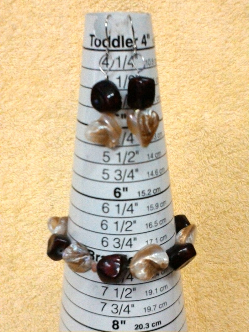 Set-Bracelet /& Earrings Artisan Made Stones WhiteBrownRed Shell Stretch OOAK Choice of Size of bracelet and style of earrings