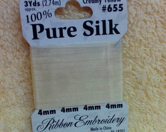Silk Ribbon for Embroidery, Creamy Yellow,, 3 yards, 100% Silk Ribbon,Bucila, Vintage
