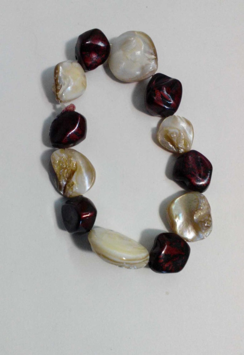 Set-Bracelet /& Earrings Artisan Made Stones WhiteBrownRed Shell Stretch OOAK Choice of Size of bracelet and style of earrings