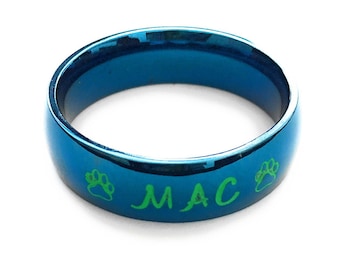 Engraved Name Ring Cobalt Blue - Personalized Stainless Steel Ring - Custom Made Ring - Mom's Ring Dad's Ring