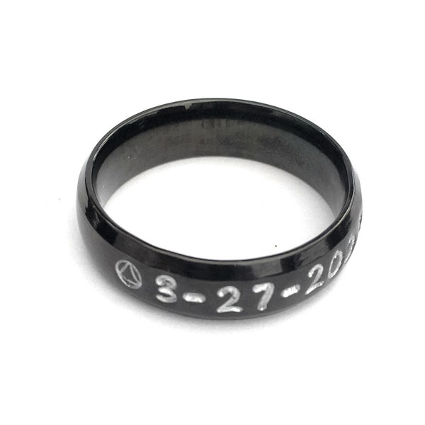 Custom Made Black Personalized Sobriety Ring - Custom Ring - Personalized Ring - Clean and Sober Dates - Stainless Steel Comfort Ring