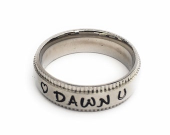 Custom Made Personalized Name Ring With Horseshoe - Couples Ring - Mothers Ring - Coin Edge Rings - Stainless Steel Comfort Ring