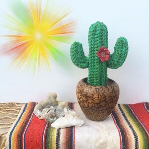 Op de afbeelding: Een groene gehaakte cactus met een rode bloem in een bruine houten pot. De cactus staat op een kleurrijk gestreept kleed.